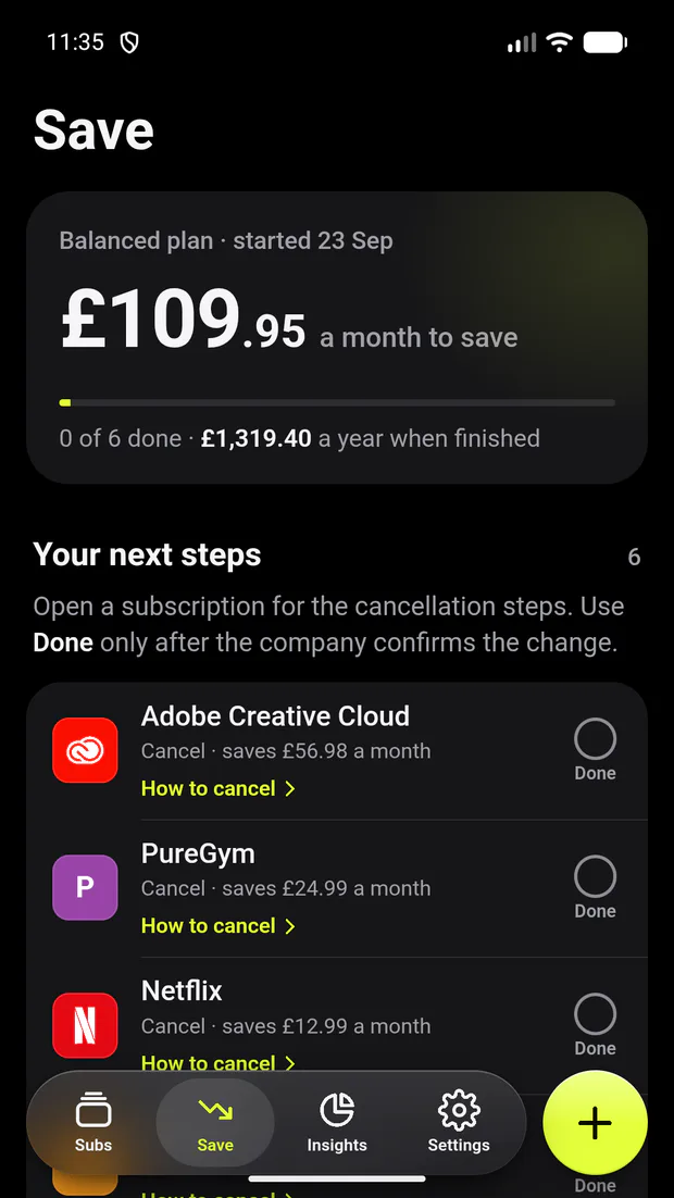 Subs HQ savings plan with cancellation and downgrade tasks