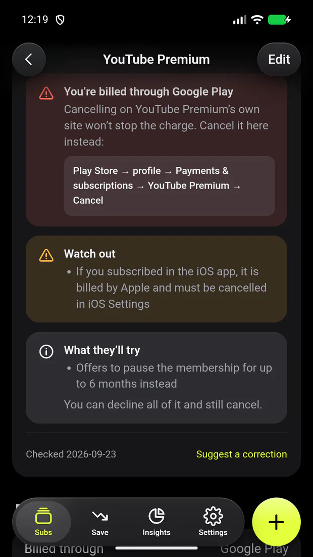 A checked YouTube Premium cancellation guide in Subs HQ for Android
