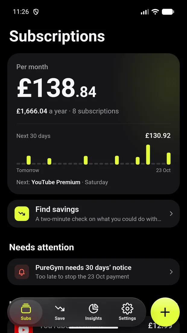 Subs HQ for Android showing monthly and yearly subscription totals