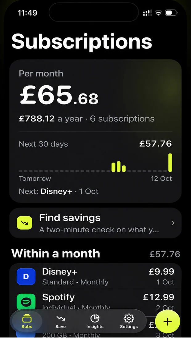 Subs HQ showing monthly and yearly subscription totals on an iPhone