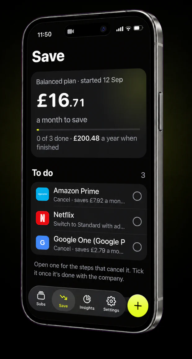Subs HQ savings plan with cancellation and downgrade tasks