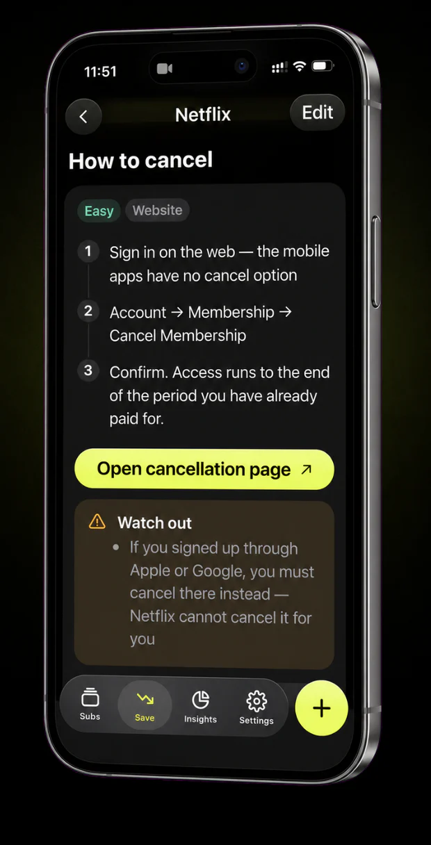 A three-step Netflix cancellation guide in Subs HQ